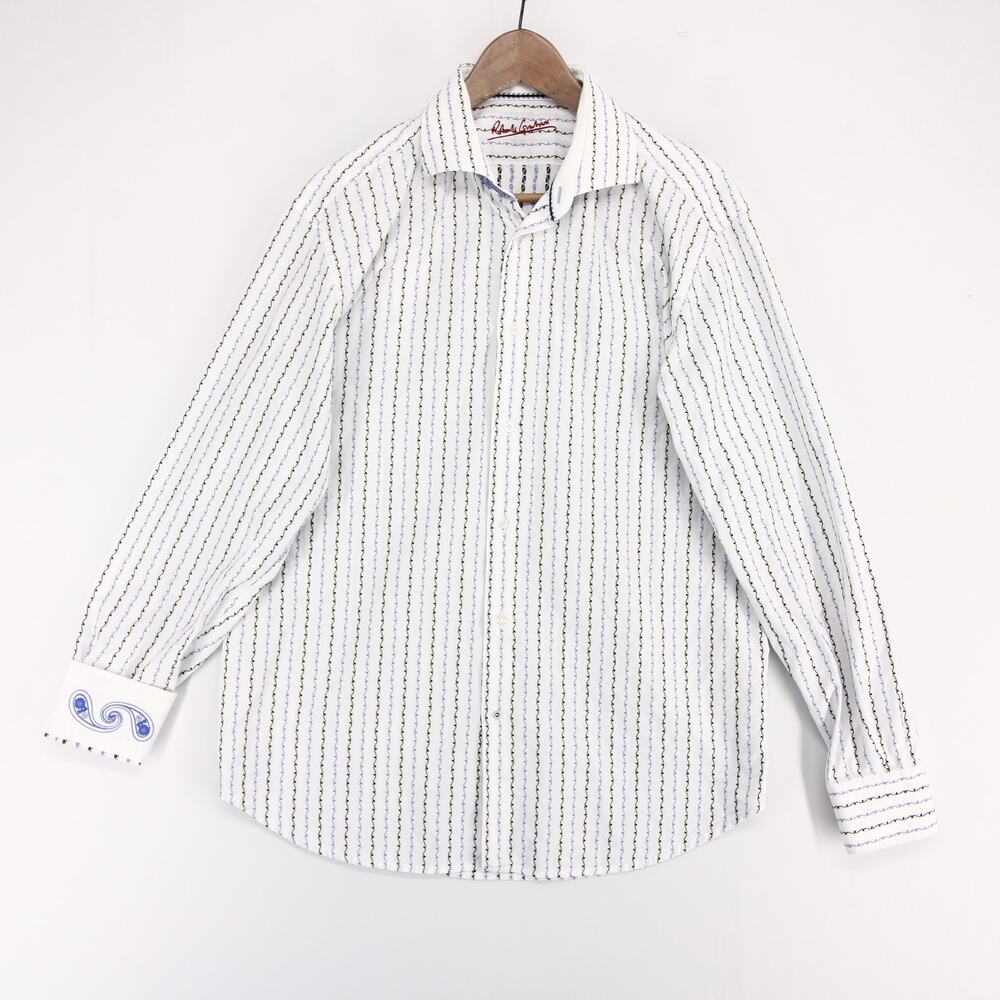 Robert Graham Shirt Men XL White Embroidery Striped Silk Blend Paisley Flip Cuff
